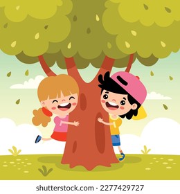 Cartoon Children Playing Under Tree