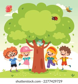 Cartoon Children Playing Under Tree