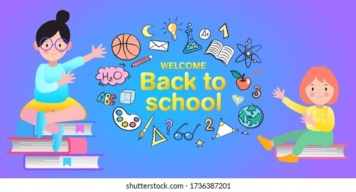 Cartoon children playing. Welcome back to school. Cute school kids. Flat design pattern with child.