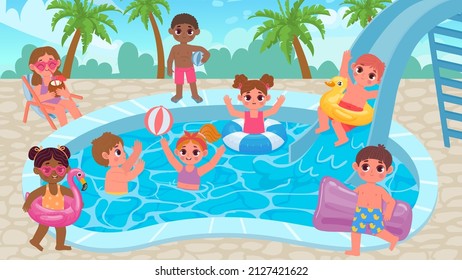 Cartoon children at pool party, swimming, playing and sunbathing. Kid on water slide. Summer vacation fun activity for kids vector poster. Illustration of pool swimming kids