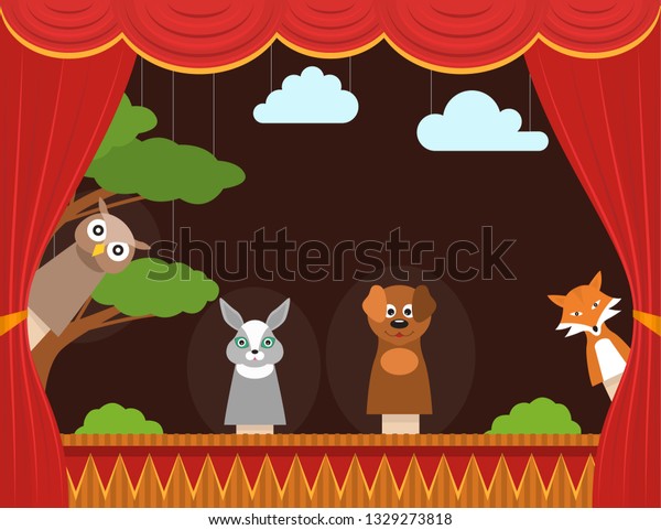 Teatro infantil de dibujos animados con tarjeta de fondo de cortina Show, entretenimiento o diseño plano concepto de rendimiento. Ilustración del vector