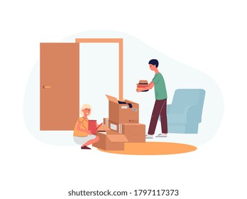 Cartoon children putting stuff in cardboard boxes for moving day - happy young boy and girl packing their things for new apartment. Flat vector illustration.