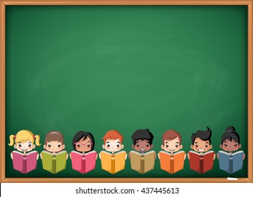 Cartoon children reading books over green chalkboard blackboard. Students.
