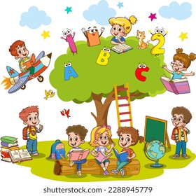 A cartoon of children reading books under a tree with the letters abc and c on it.