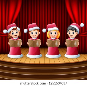 Cartoon children in red santa costume singing christmas carols on the stage