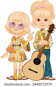 Cartoon children in retro hippie fashion with guitar.