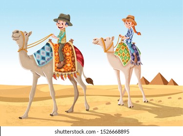 Cartoon children riding camels through the sand dunes in the desert. Camel caravan on Egypt.