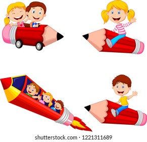Cartoon children riding pencil toys collection set