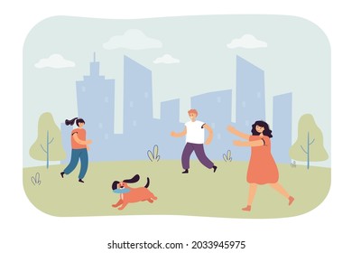 Cartoon children running after dog with flying disk in mouth. Kids playing with puppy outside flat vector illustration. Outdoor activity, leisure concept for banner, website design or landing web page