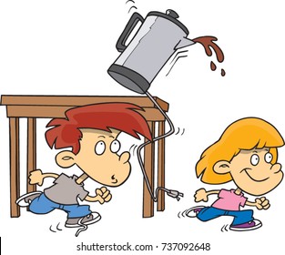 cartoon children running and knocking over a coffee pot 