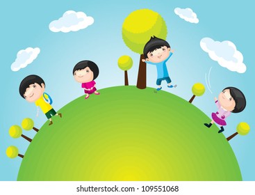 Cartoon children set with background