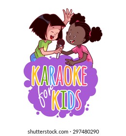 Cartoon children sing with a microphone. Logo template for children's karaoke party. Vector clip art illustration on a white background.