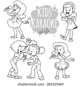 Cartoon children sing with a microphone. Vector outline illustration on a white background.