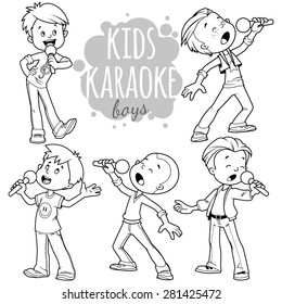 Cartoon children sing with a microphone. Vector outline illustration on a white background.