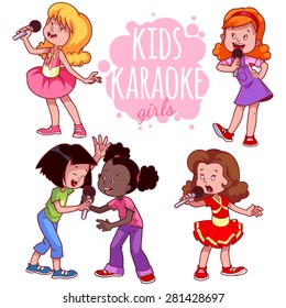 Cartoon Children Sing With A Microphone. Vector Clip Art Illustration On A White Background.