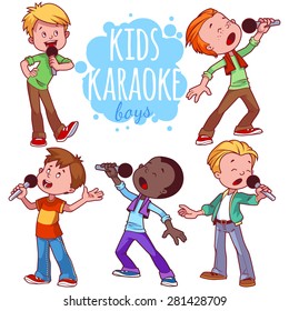 Cartoon children sing with a microphone. Vector clip art illustration on a white background.