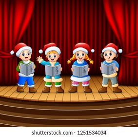 Cartoon children singing christmas carols on the stage