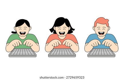 Crianças de desenhos animados sentadas em computadores e sorrindo felizes juntos