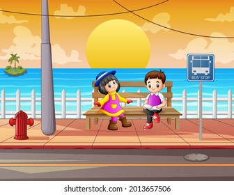 Cartoon the children sitting on wooden bench in the roadside