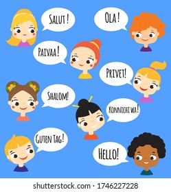 cartoon children speaking different languages. Boys and girls of world ethnicity talking. kids saying hello in their native language