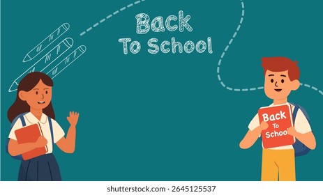 Cartoon children standing with chalk sketch background for school season welcome illustration