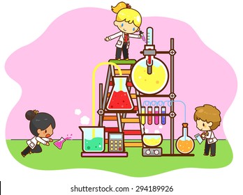 Cartoon children are studying chemistry, working and experimenting in the cooling tower refinery laboratory with huge test tube in isolated background, create by vector