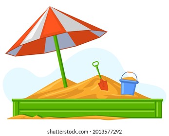 Cartoon children summer outdoor sandbox games equipment. Sand, bucket and shovel kids entertainment games vector illustration. Sandbox playground entertainment, sandbox outdoor