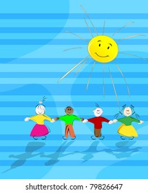 Cartoon children in the sun, abstract background illustration