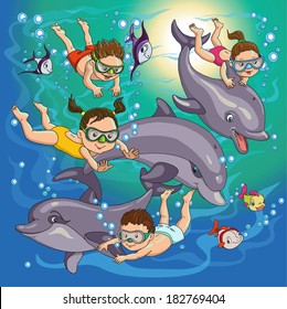 cartoon children swim with dolphins and fish