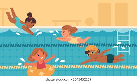Cartoon children in swimming pool. Cute little kids diving into water, young swimmers, girl with inflatable lifebuoy, athletic boy, entertainment and competition, garish vector concept