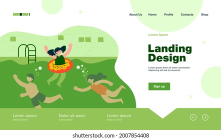 Cartoon children swimming in pool. Flat vector illustration. Happy boys and girls in swimwear playing in water. Fitness, vacation, summer, friendship concept for banner design or landing page