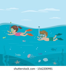 Cartoon children in swimsuits. Caucasian kids snorkeling in ocean. Underwater world with plants and fish. Schoolboy and schoolgirl have active water sports. Flat vector illustration