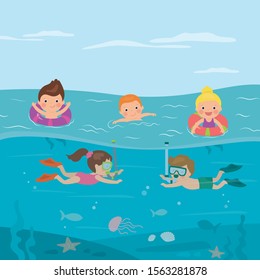 Cartoon children in swimsuits. Caucasian kids swimming and snorkeling in ocean. Underwater world with plants and fish. Schoolboys and schoolgirls have active water sports. Flat vector illustration