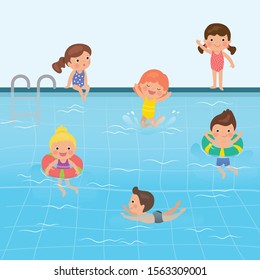 Cartoon Children In Swimsuits. Various Caucasian Kids Swimming In Pool.Sports Training Background. Schoolboy And Schoolgirl Have Active Water Sports. Flat Vector Illustration