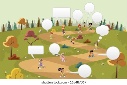 Cartoon children talking with speech balloon over path on the green park  