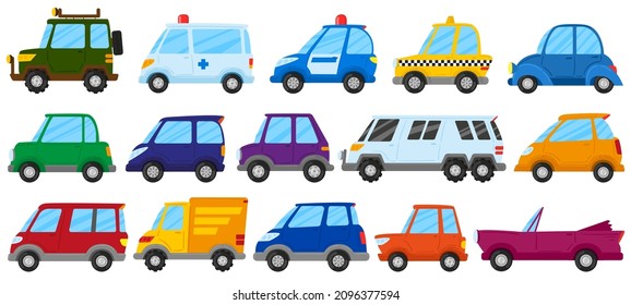 Cartoon children toy cars, cute play transport. Kids toy car, truck, ambulance and police car vector illustration set. Childish colorful vehicles. City automobiles as taxi, delivery car