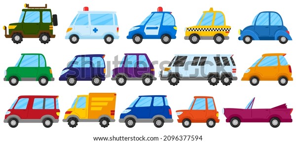 Cartoon\
children toy cars, cute play transport. Kids toy car, truck,\
ambulance and police car vector illustration set. Childish colorful\
vehicles. City automobiles as taxi, delivery\
car
