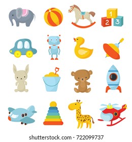 Cartoon children toys vector icons collection. Kids toys icon, teddy and duck, car and ball, airplane and helicopter illustration