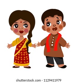 Cartoon children in traditional dress. Isolated on white background.