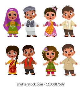 Cartoon children in traditional dress. Isolated on white background.