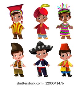 Cartoon children in traditional dress. Isolated on white background. 

Vector illustration of multicultural national children