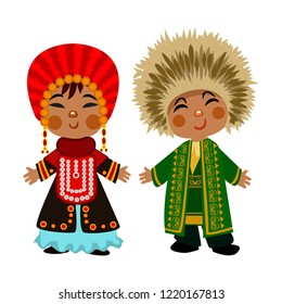 Cartoon children in traditional dress. Isolated on white background. 

Vector illustration of multicultural national children