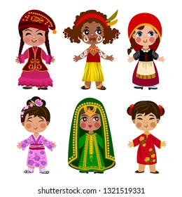 Cartoon children in traditional dress. Isolated on white background. 

Vector illustration of multicultural national children