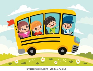Cartoon Children Travelling By Bus