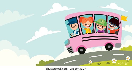 Cartoon Children Travelling By Bus