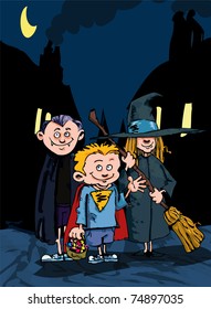 Cartoon children trick or treating at night with a moon in the sky