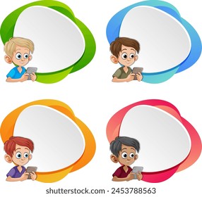 Cartoon children using devices inside speech bubbles