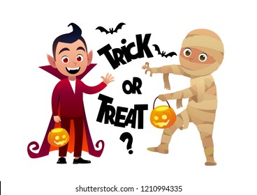 Cartoon children vampire and mummy costume trick or treat background vector