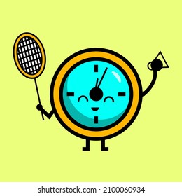 cartoon children vector illustration, cute little clock playing racket