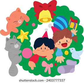 Cartoon children vector merry christmas wreath